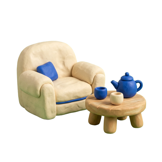Adult day care center illustration in blue and ivory clay