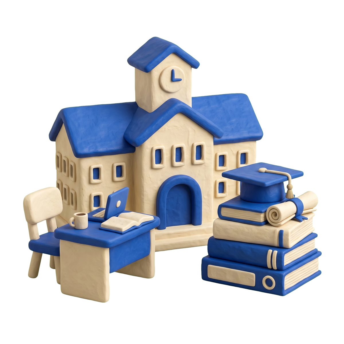 Adult education school illustration in blue and ivory clay