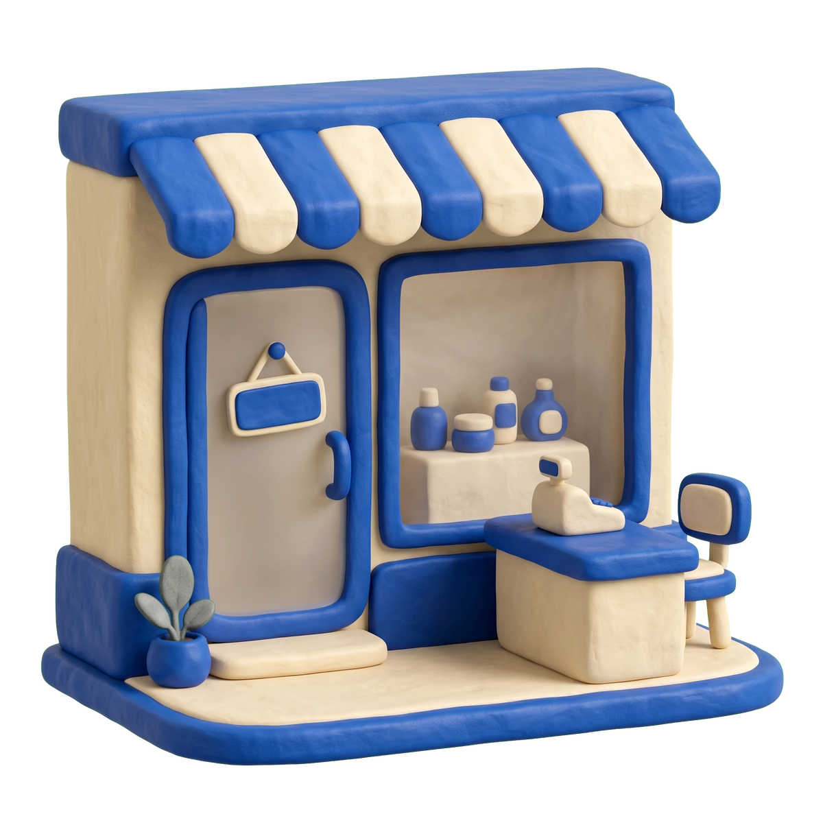Adult entertainment store illustration in blue and ivory clay