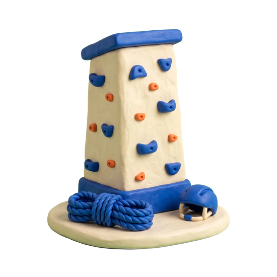 Adventure sports center illustration in blue and ivory clay
