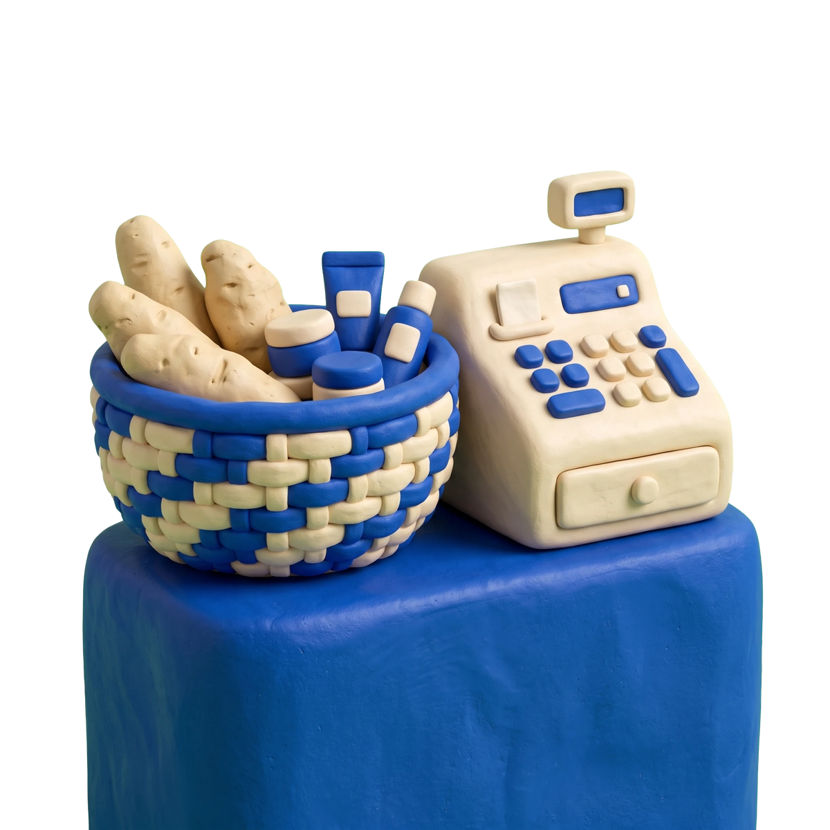 African goods store illustration in blue and ivory clay