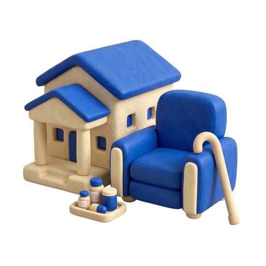 Aged care illustration in blue and ivory clay