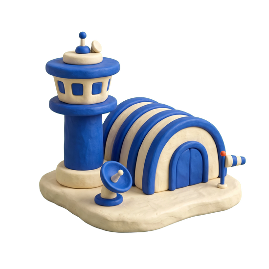 Air force base illustration in blue and ivory clay