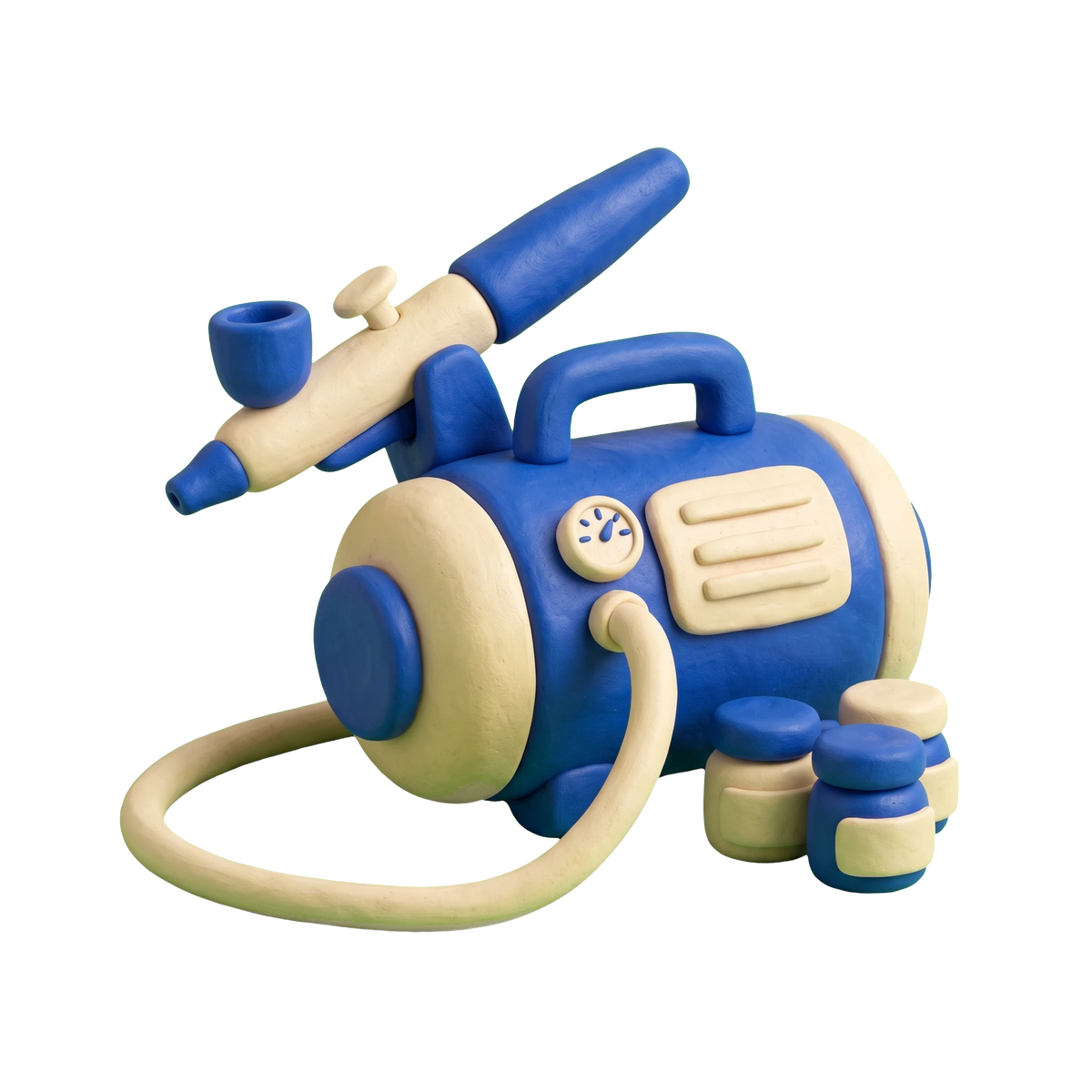 Airbrushing supply store illustration in blue and ivory clay