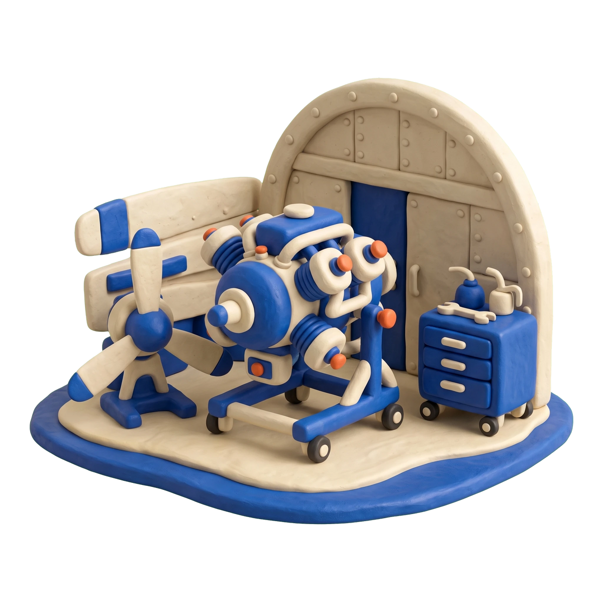 Aircraft maintenance company illustration in blue and ivory clay