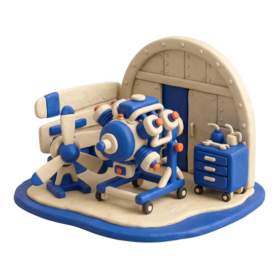 Aircraft maintenance company illustration in blue and ivory clay