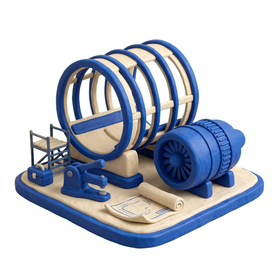 Aircraft manufacturer illustration in blue and ivory clay