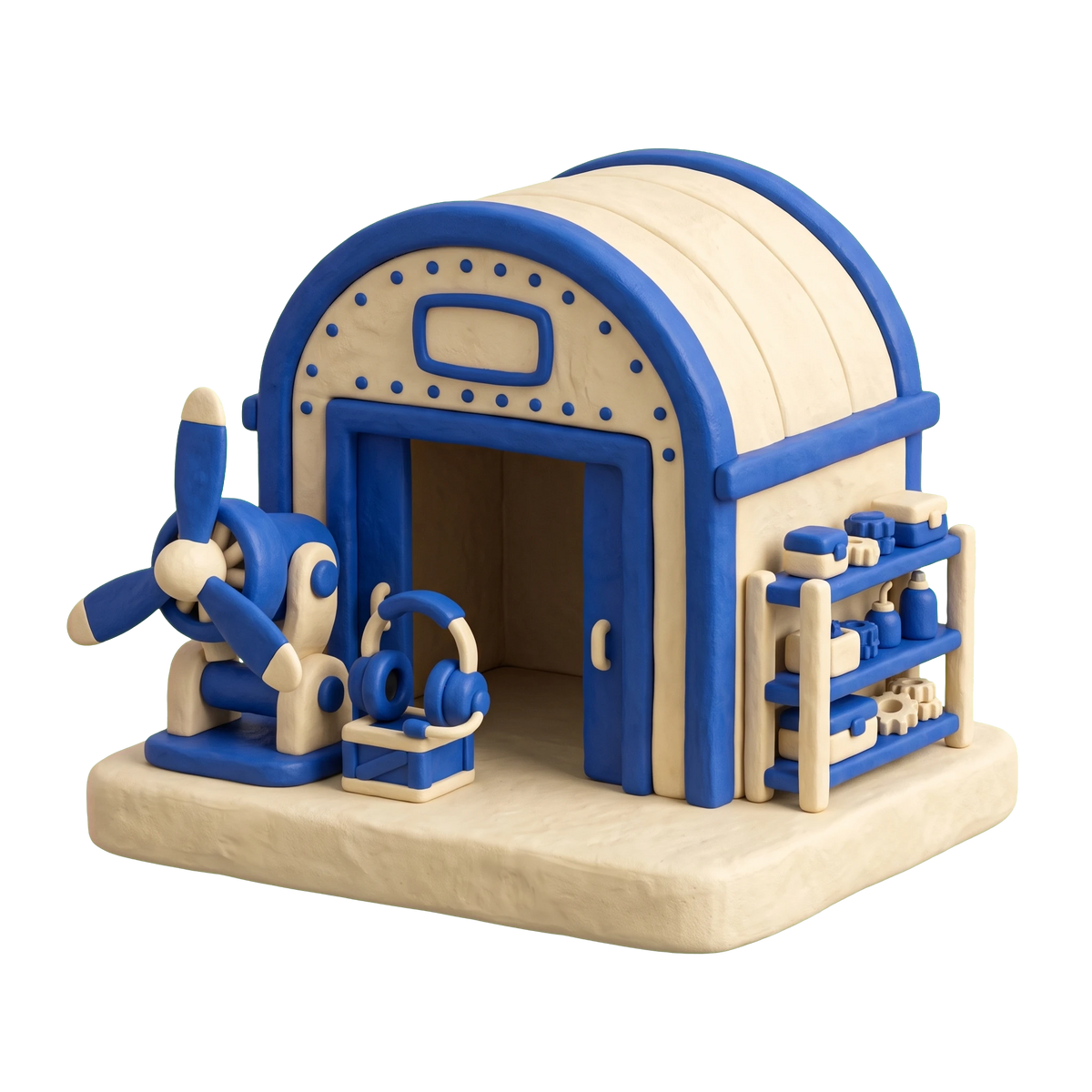 Aircraft supply store illustration in blue and ivory clay