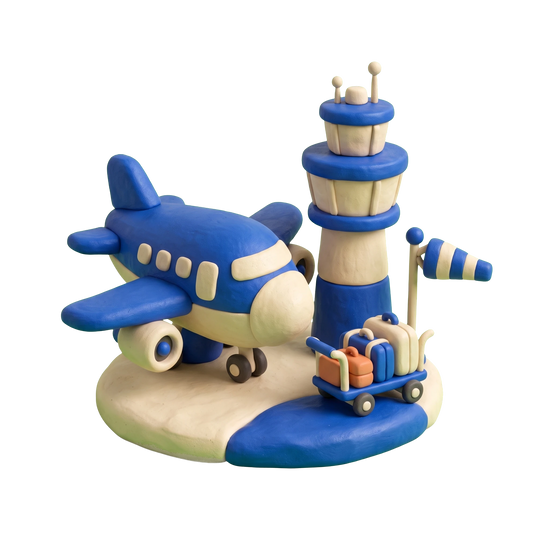 Airline illustration in blue and ivory clay