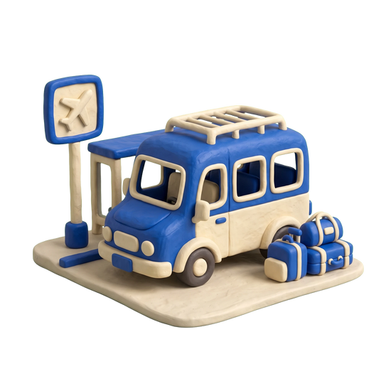 Airport shuttle service illustration in blue and ivory clay