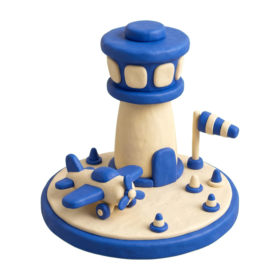 Airport illustration in blue and ivory clay