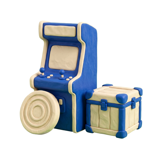 Amusement machine supplier illustration in blue and ivory clay