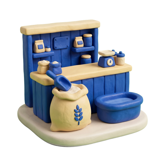 Animal feed store illustration in blue and ivory clay