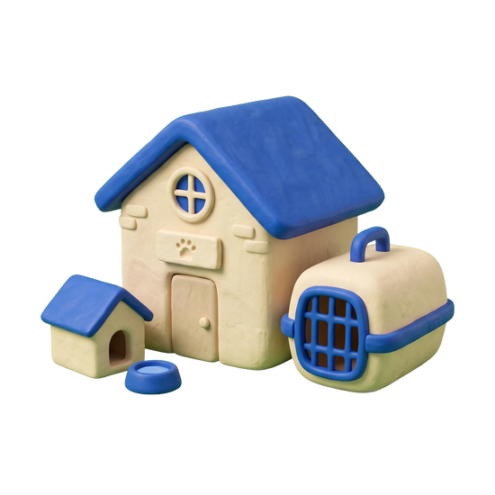 Animal shelter illustration in blue and ivory clay