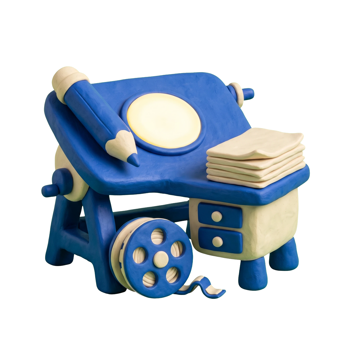 Animation studio illustration in blue and ivory clay
