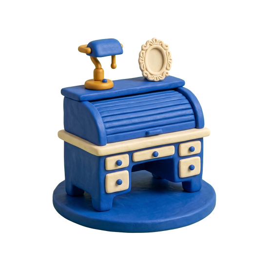 Antique store illustration in blue and ivory clay