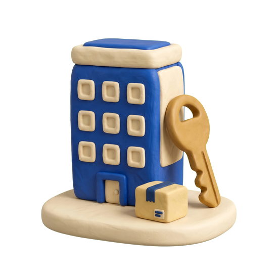 Apartment building illustration in blue and ivory clay