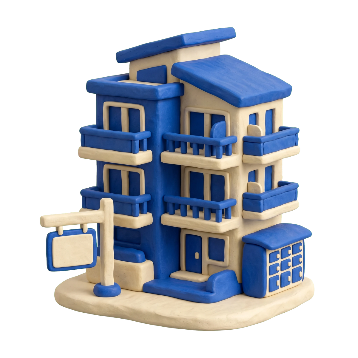 Apartment complex illustration in blue and ivory clay