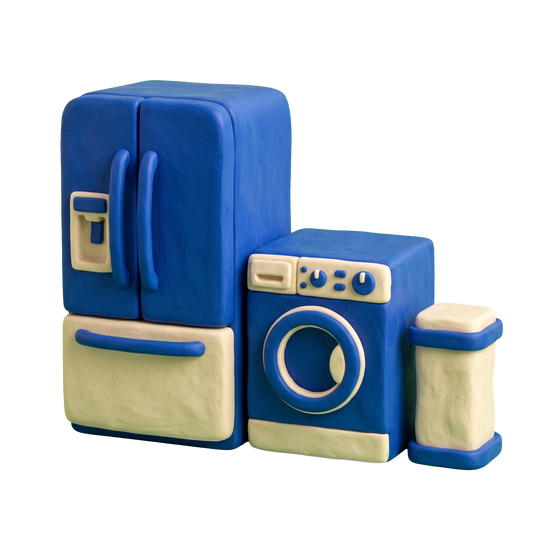 Appliance store illustration in blue and ivory clay