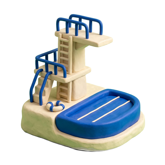 Aquatic center illustration in blue and ivory clay