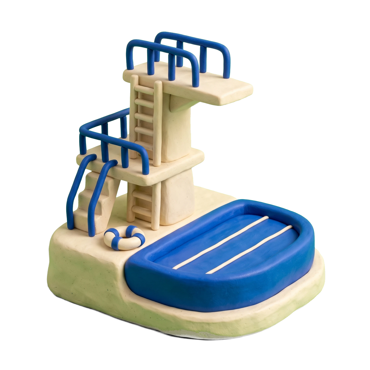 Aquatic center illustration in blue and ivory clay