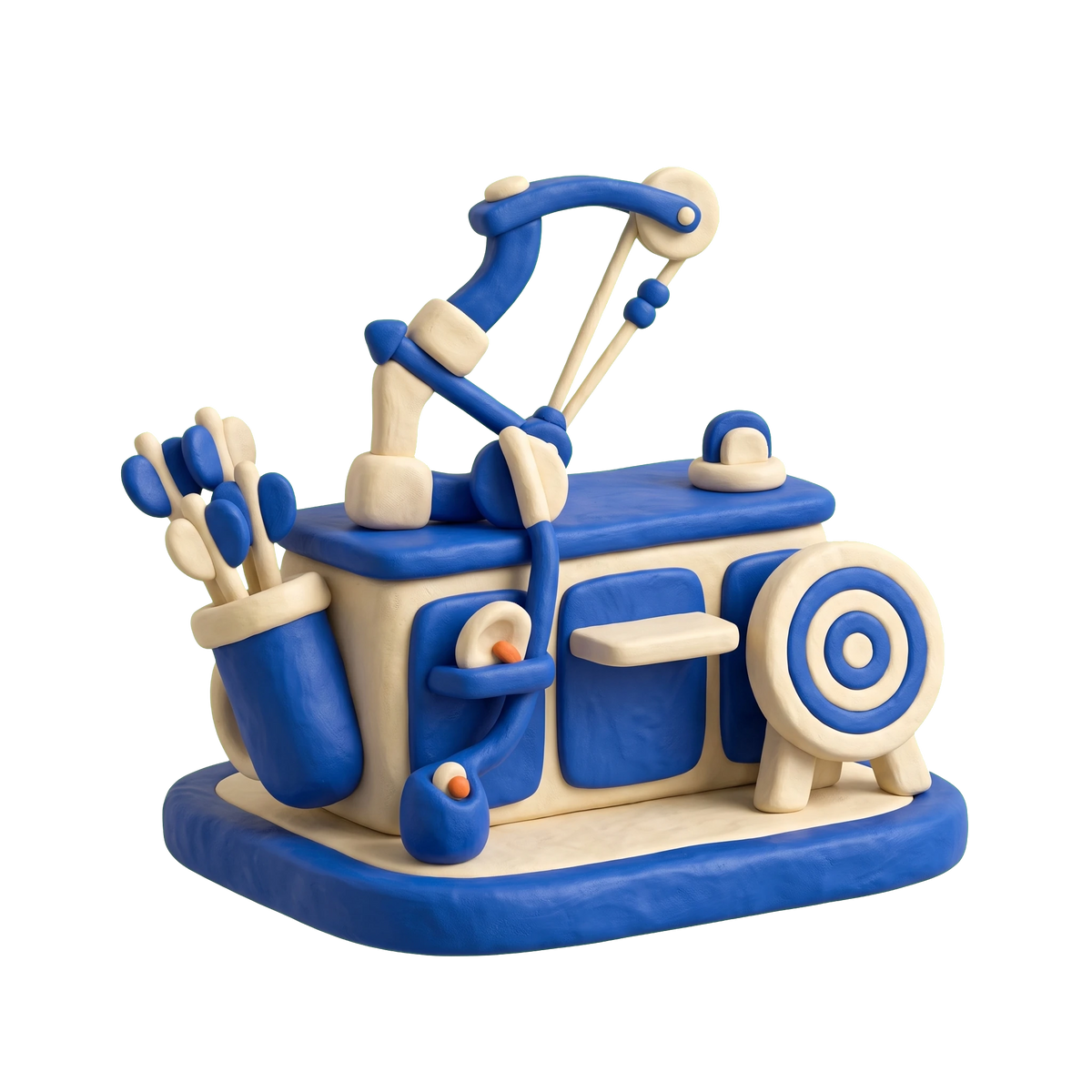 Archery store illustration in blue and ivory clay