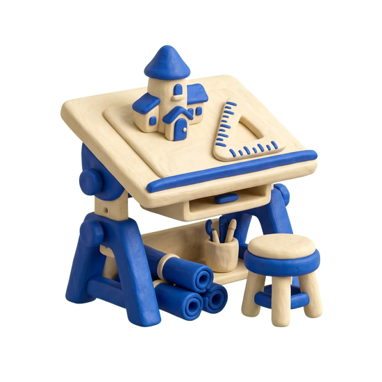 Architect illustration in blue and ivory clay