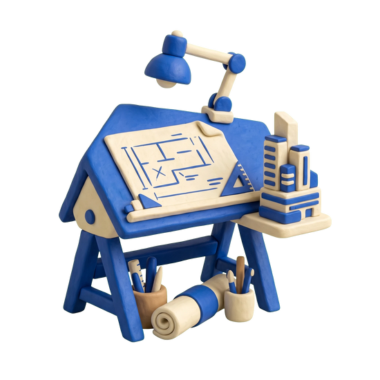 Architectural designer illustration in blue and ivory clay