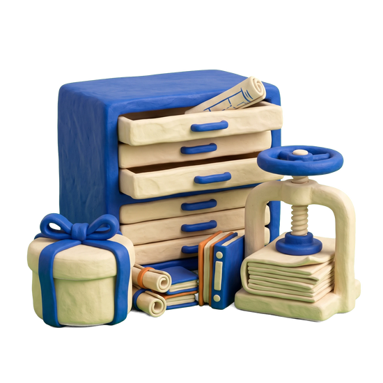 Archive illustration in blue and ivory clay