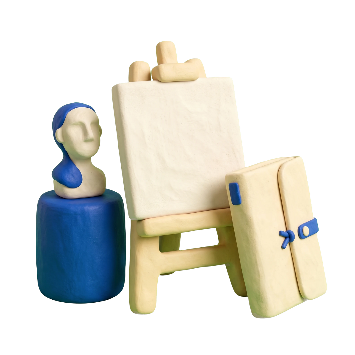 Art dealer illustration in blue and ivory clay