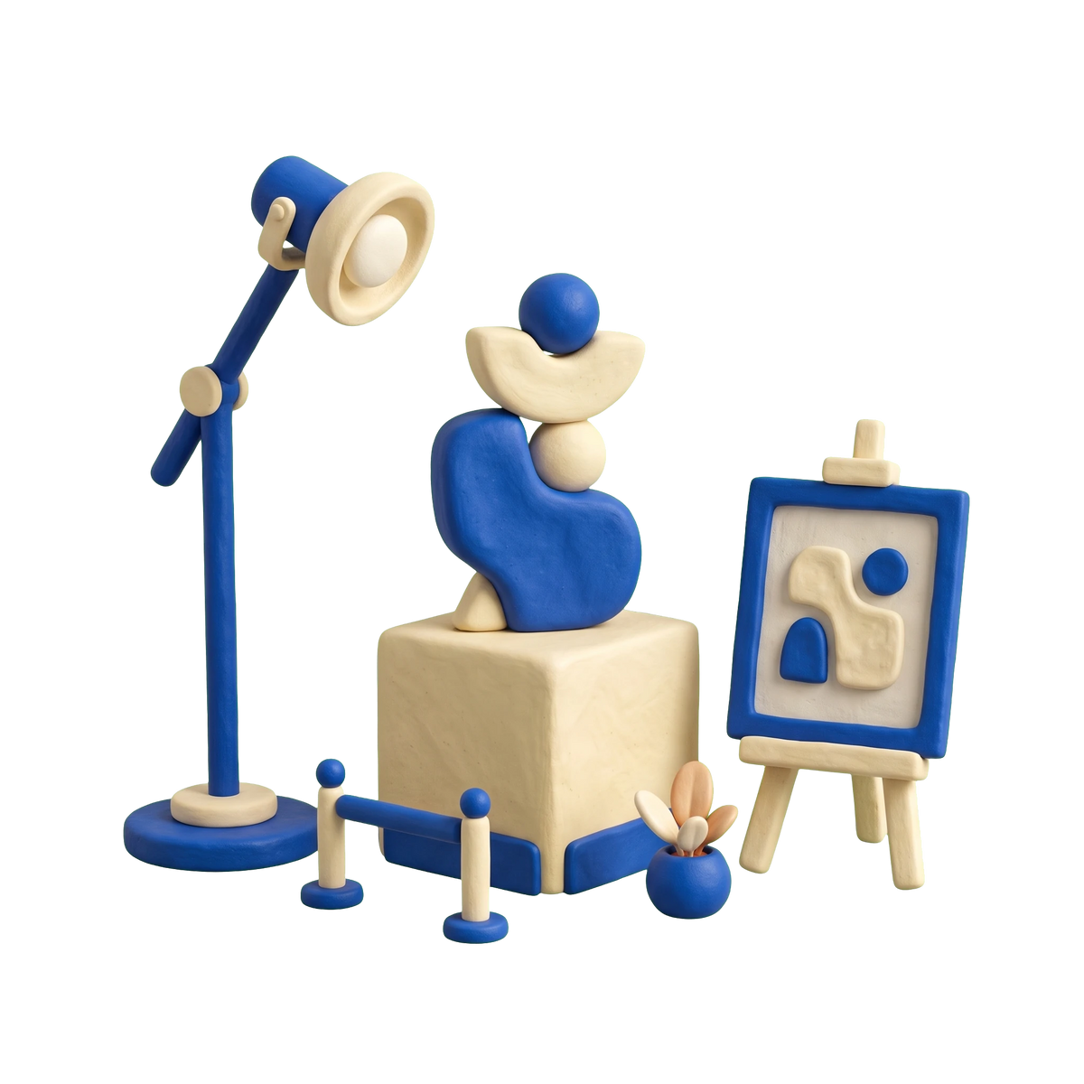 Art gallery illustration in blue and ivory clay