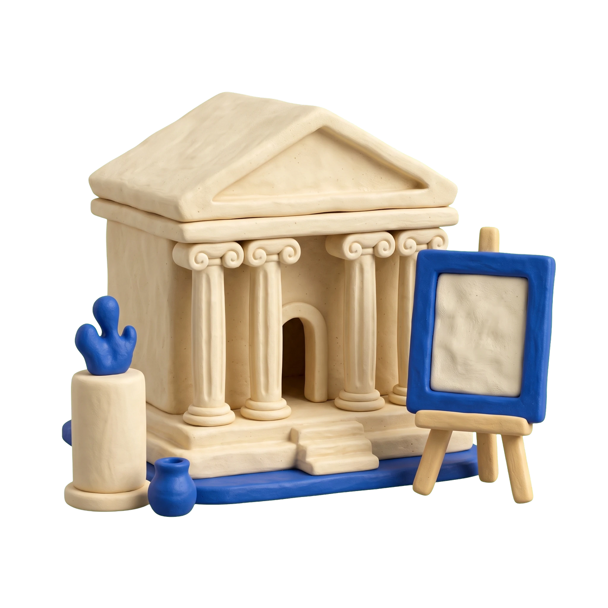 Art museum illustration in blue and ivory clay