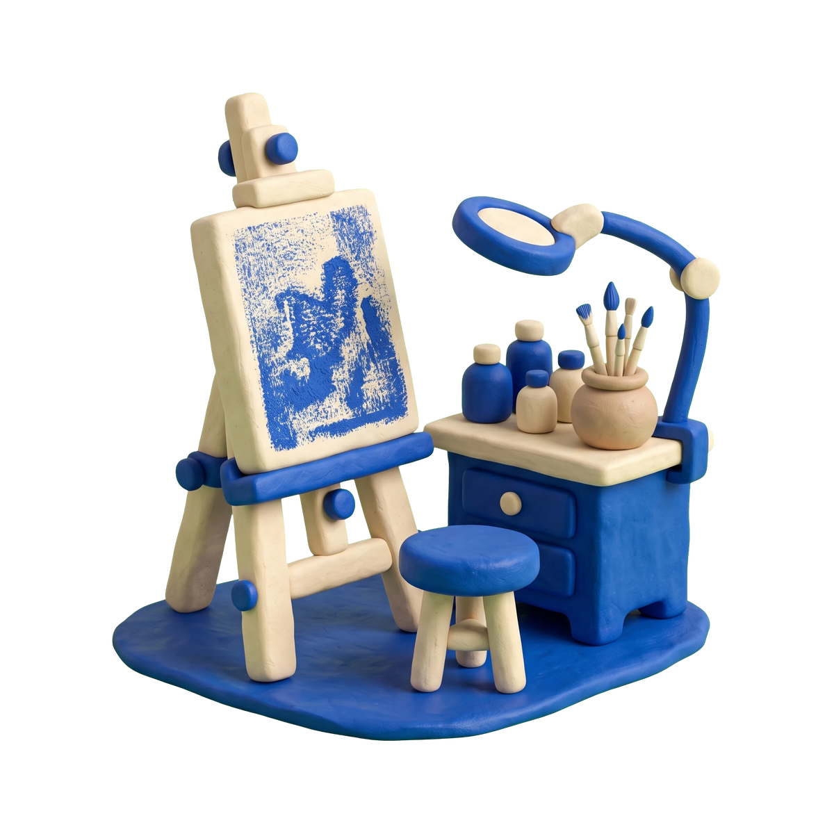 Art restoration service illustration in blue and ivory clay