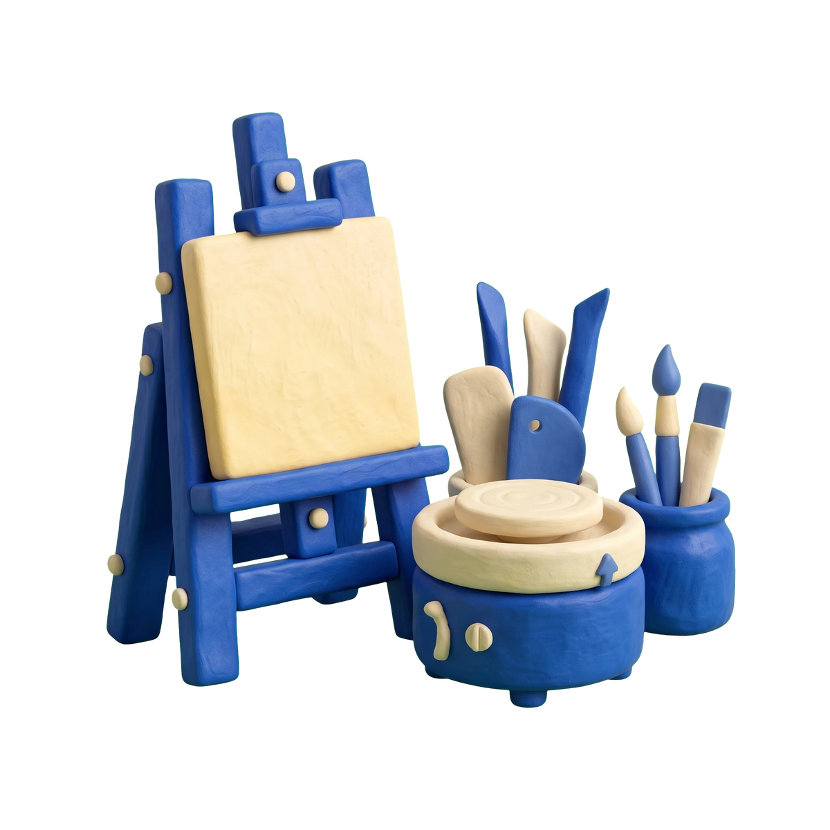 Art school illustration in blue and ivory clay