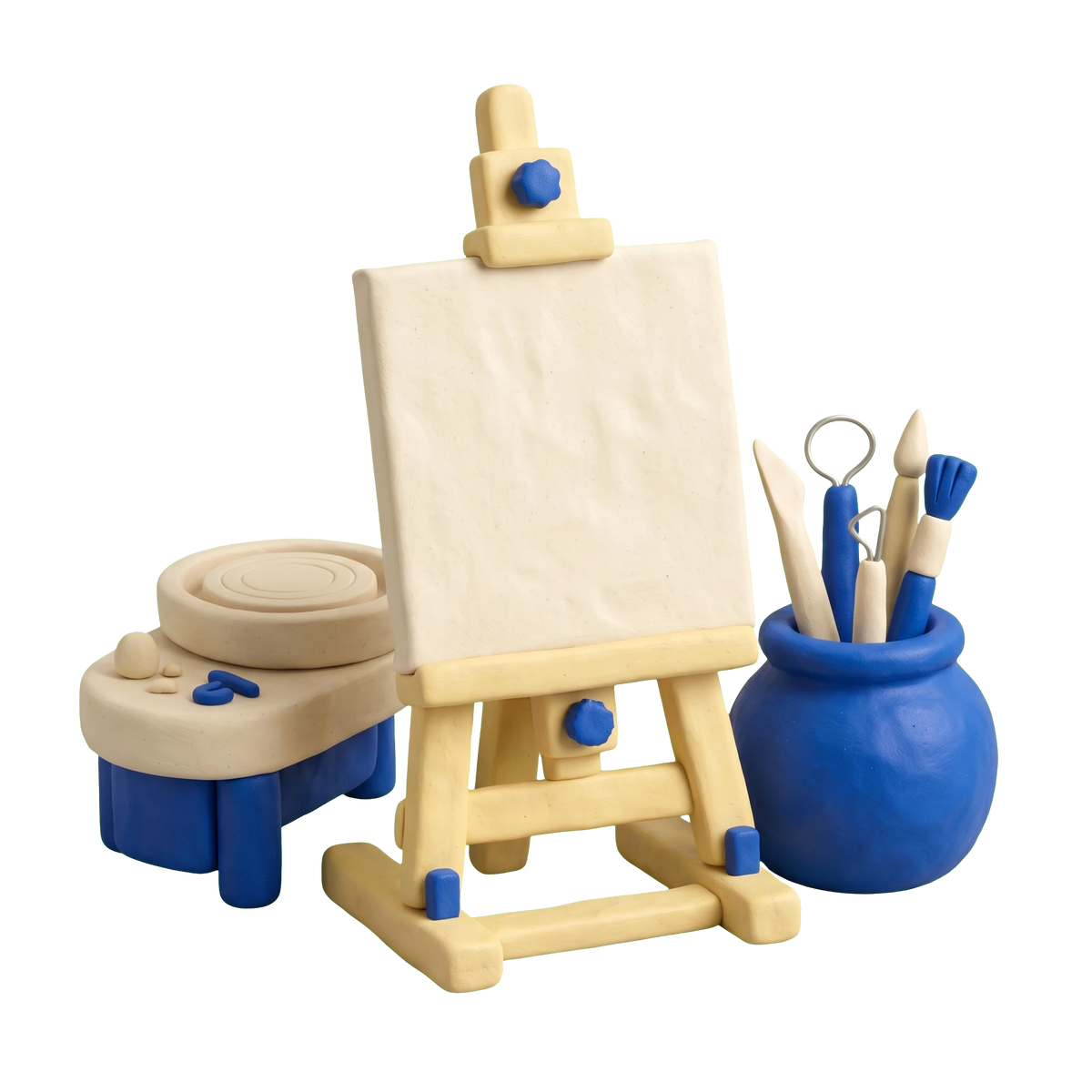 Art studio illustration in blue and ivory clay