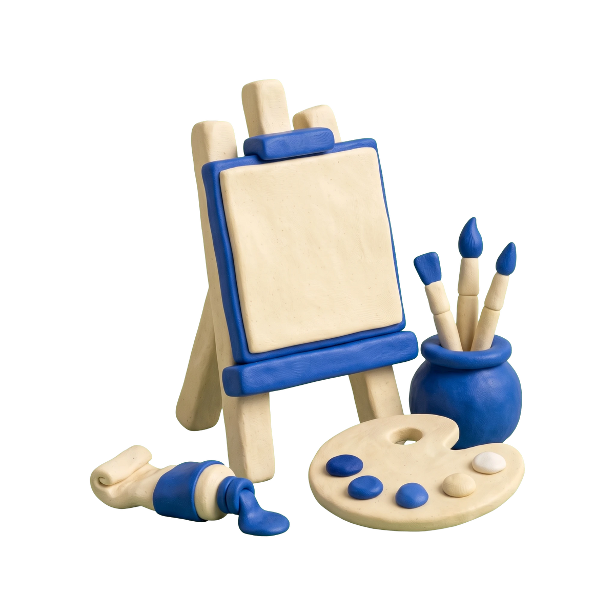 Art supply store illustration in blue and ivory clay