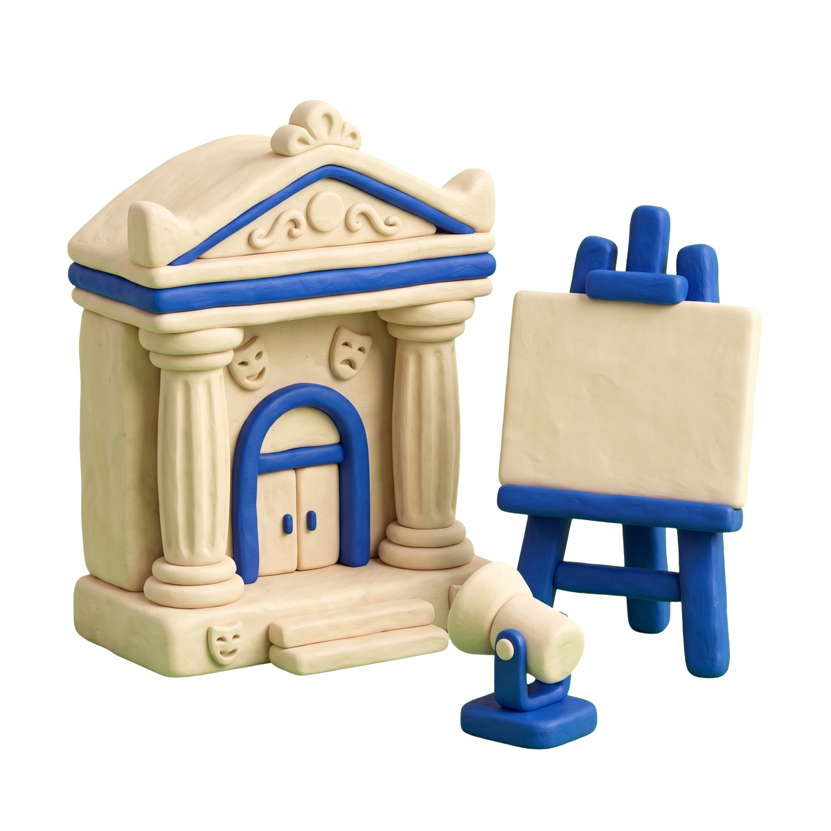 Arts organization illustration in blue and ivory clay