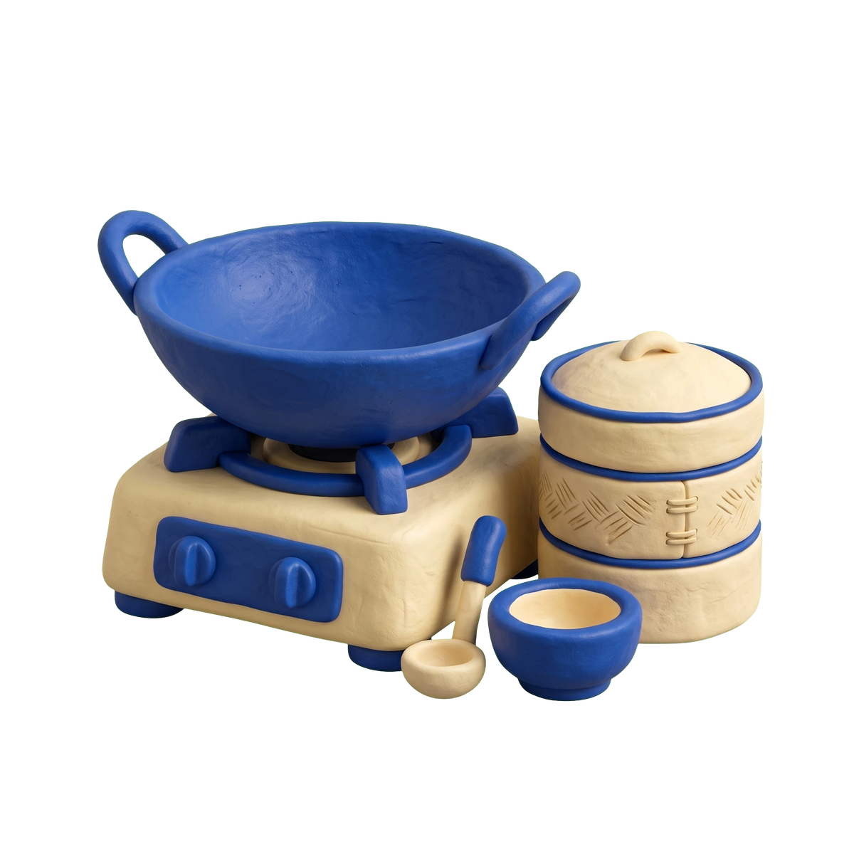 Asian fusion restaurant illustration in blue and ivory clay