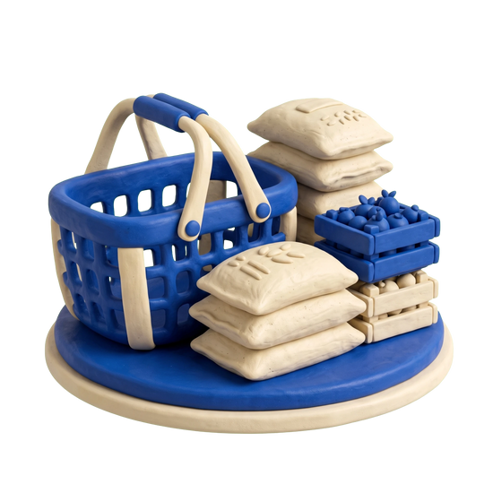 Asian grocery store illustration in blue and ivory clay