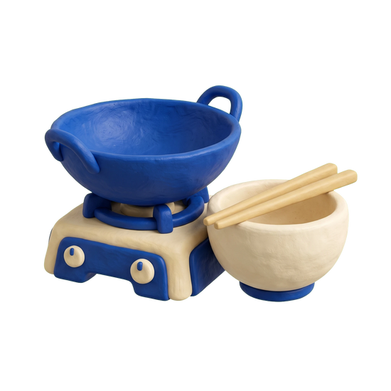 Asian restaurant illustration in blue and ivory clay