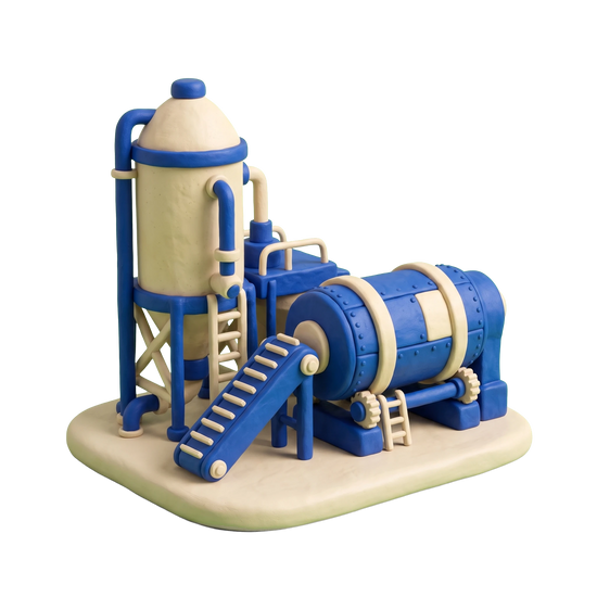 Asphalt mixing plant illustration in blue and ivory clay