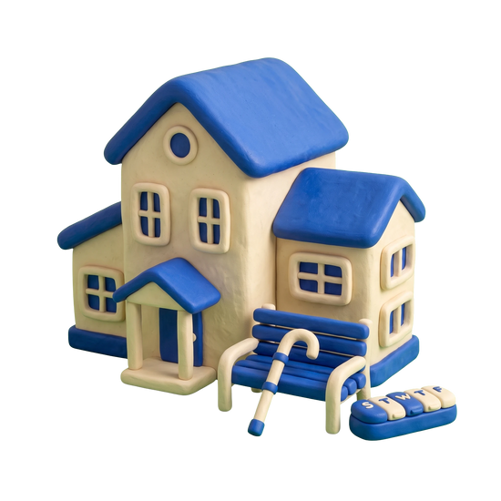 Assisted living facility illustration in blue and ivory clay