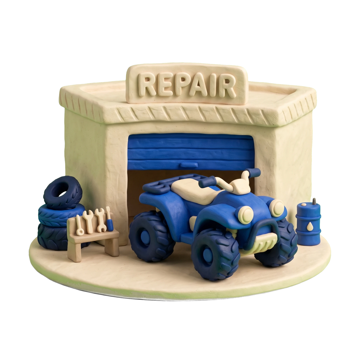ATV dealer illustration in blue and ivory clay