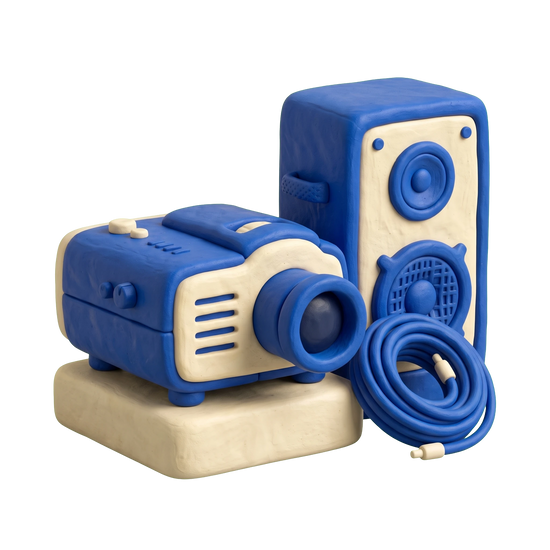 Audio visual equipment supplier illustration in blue and ivory clay