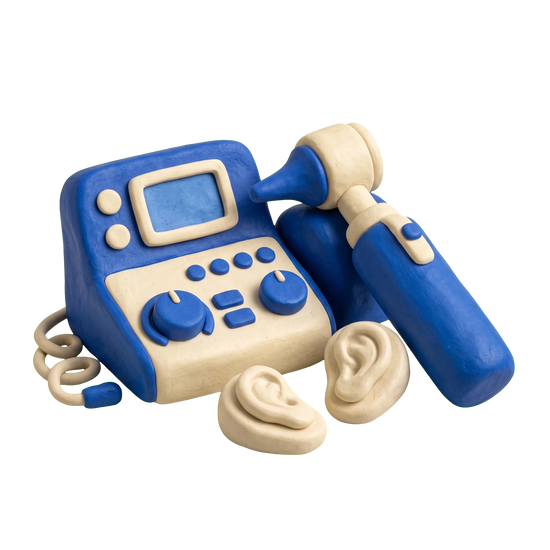 Audiologist illustration in blue and ivory clay