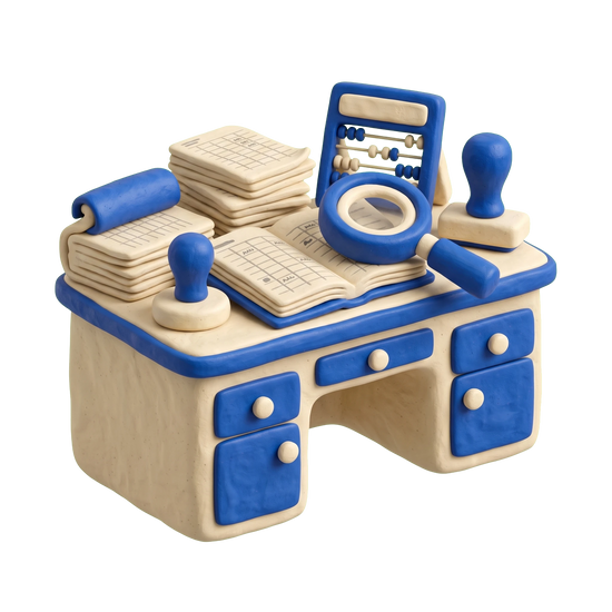 Auditor illustration in blue and ivory clay