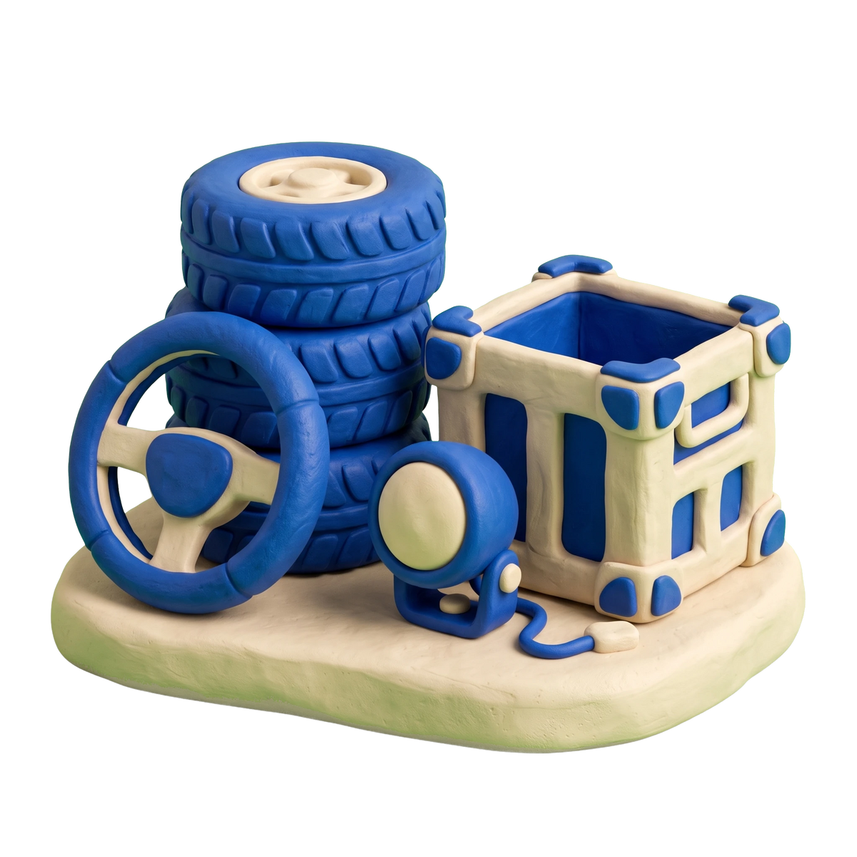 Auto accessories wholesaler illustration in blue and ivory clay