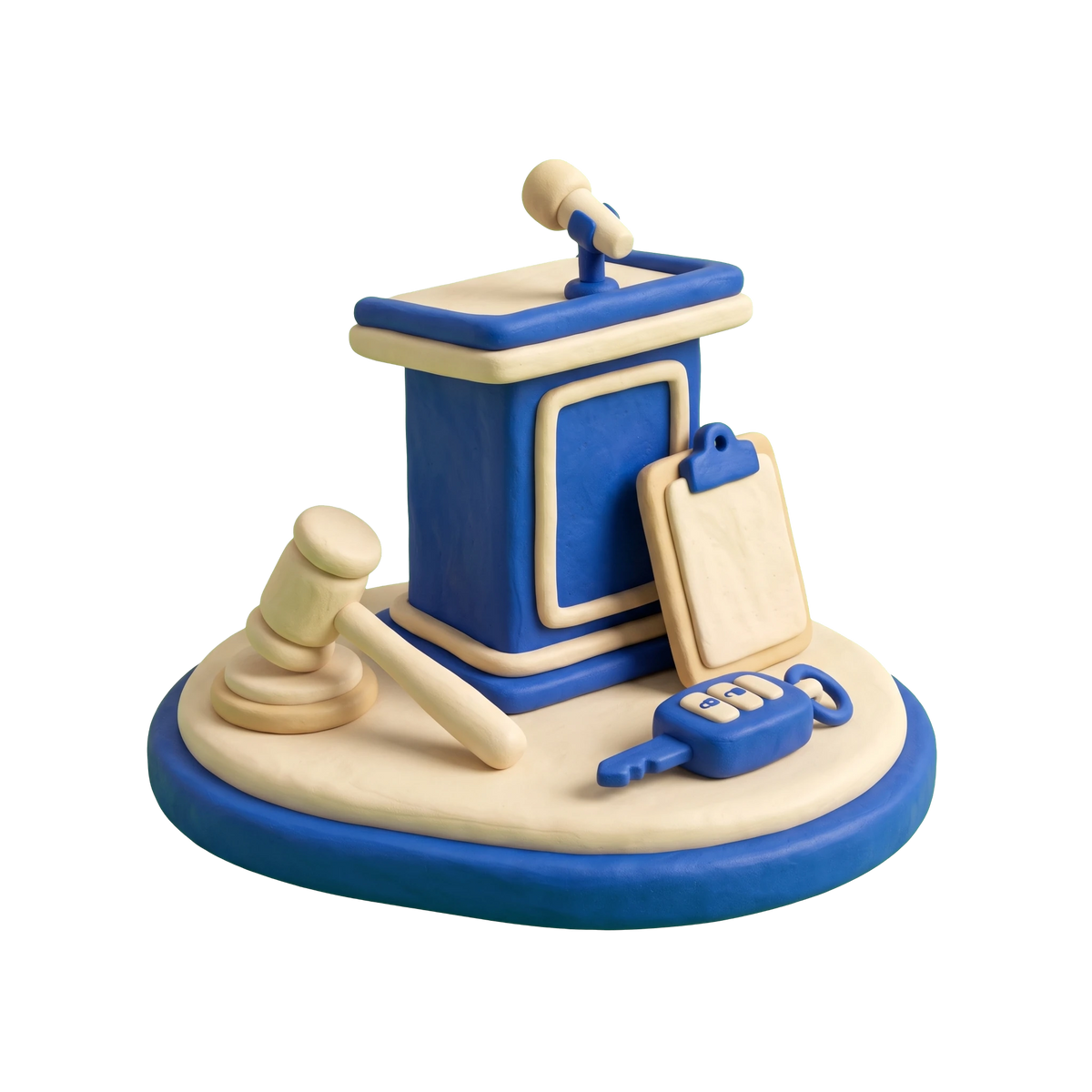 Auto auction illustration in blue and ivory clay