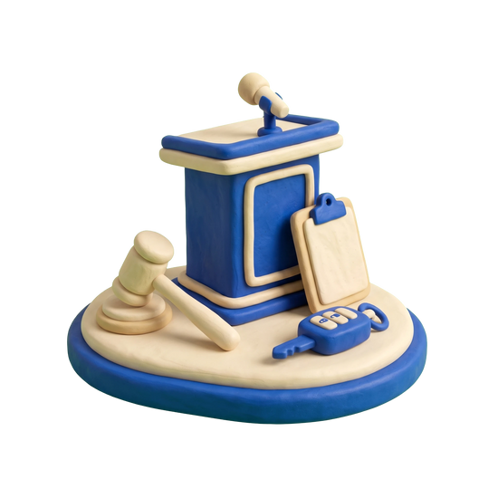 Auto auction illustration in blue and ivory clay