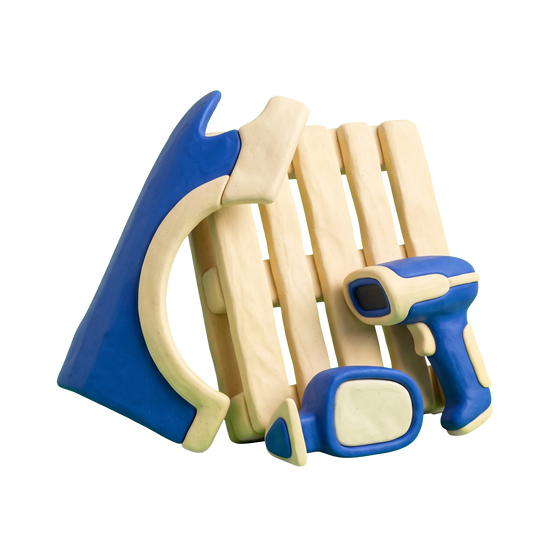 Auto body parts supplier illustration in blue and ivory clay